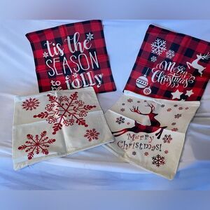 Christmas Holiday Pillow Cover Set of 4 Snowflakes and Reindeer 18x18 in